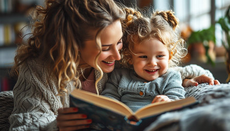 Mom reading a book with baby boy at home. Early age children education, development. Mother and child spending time together. Candid lifestyle. Child and mother having fun and learning in bright living roomの素材