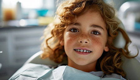 Close-up portrait of smiling teenage boy with braces against dentist standing in clinic. Examining child's teeth in dentist's office clinic careの素材