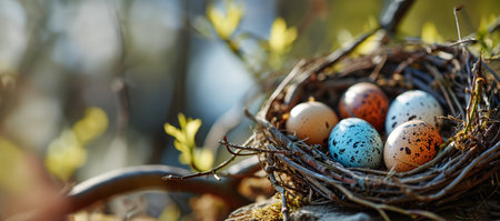 Bird nest in a tree in the forest. Colorful nature spring with leaves and colorful eggs,Bird nest on branch with Easter eggs for Easter design/ Baby bird nesting copy space Space for textの素材