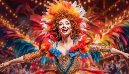 traditional British pantomime actors on stage in theater wearing colorful costumes they are performing and singing and wear makeup English theater concept copy spaceの素材