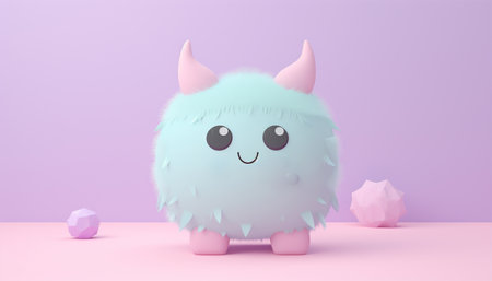 Cute fun monster character 3d pastel pink purple design. Scary and funny creature animation copy space background. Space for textの素材