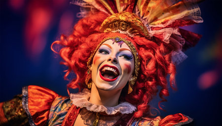 traditional British pantomime actors on stage in theater wearing colorful costumes they are performing and singing and wear makeup English theater concept copy spaceの素材