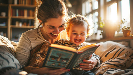 Mom reading a book with baby boy at home. Early age children education, development. Mother and child spending time together. Candid lifestyle. Child and mother having fun and learning in bright living roomの素材