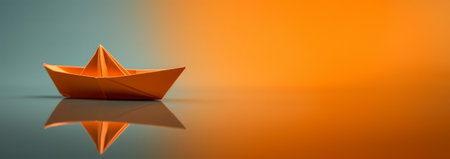 Creative image of white origami ships placed behind blue and orange paper ship representing concept of leadership on light background Copy space. Business concept design. Space for textの素材