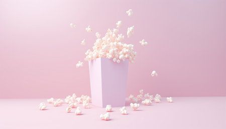 abstract cartoon style popcorn bucket 3d rendering animation. Pastel colored pink and blue. 3D cinema concept Space for textの素材