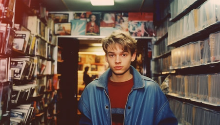 Retro photography of a teenager in a record shop. 60s,70s, Browsing vinyl album in a record store. People visit vinyl second hand market. Vinyl album on sale. Vintage store. Music concept beautyの素材