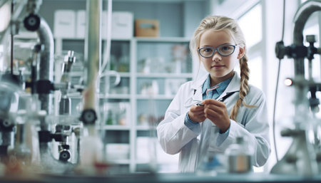 Science girl learning in the lab. Medical Science Laboratory Portrait of Beautiful cute Scientist Does Analysis of Test Sample. Ambitious Young Biotechnology Specialist, working with Advanced Equipment education conceptの素材