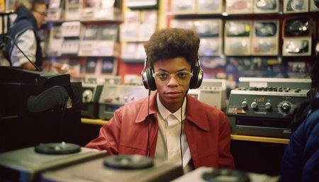 Retro photography of a teenager in a record shop. 60s,70s, Browsing vinyl album in a record store. People visit vinyl second hand market. Vinyl album on sale. Vintage store. Music concept beautyの素材