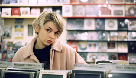 Retro photography of a teenager in a record shop. 60s,70s, Browsing vinyl album in a record store. People visit vinyl second hand market. Vinyl album on sale. Vintage store. Music concept beautyの素材