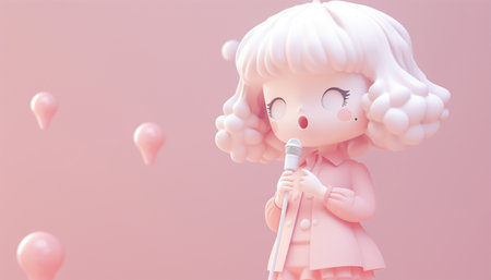 Cute cartoon girl animation with a microphone sings a song. Pink pastel background illustration 3D pastel background. Copy space performing singer concept Space for textの素材