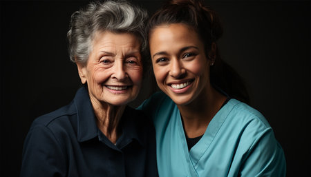 Senior care, hug and portrait of nurse with patient for medical help, healthcare or physiotherapy. Charity, volunteer caregiver and face of black woman at nursing home for disability rehabilitation with senior client woman embracing each other portraitの素材