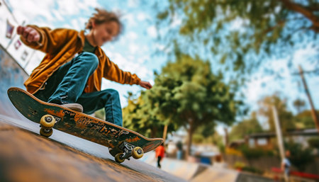 Skateboarder doing a jumping trick. Freestyle extreme sports concept. Young boy or teenager having fun with skateboard in the city Sportの素材