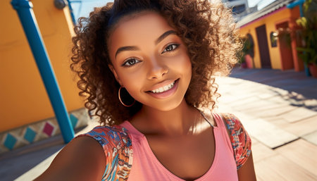 Teen african American girl taking a selfie in the summer. Afro hair girl taking selfie sunset. Happy multiracial student having fun with smartphone photo camera outside- Warm sun halo filter with vintage tones. Social media concept colorfulの素材