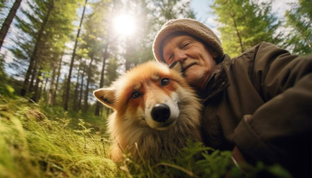 Elderly Man with red fox in his arms taking a selfie with mobile phone. Save foxes. Cute pet, foxes. Furry foxes. Lovely red fox portrait. Lovely animal and people in the forest nature using smartphone technologyの素材