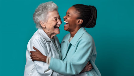 Senior care, hug and portrait of nurse with patient for medical help, healthcare or physiotherapy. Charity, volunteer caregiver and face of black woman at nursing home for disability rehabilitation with senior client woman embracing each other portraitの素材