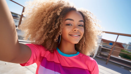 Teen african American girl taking a selfie in the summer. Afro hair girl taking selfie sunset. Happy multiracial student having fun with smartphone photo camera outside- Warm sun halo filter with vintage tones. Social media concept colorfulの素材