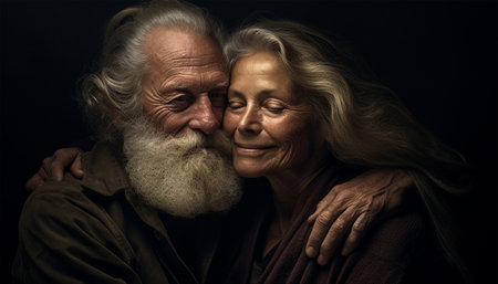 Portrait, hug and senior couple embracing each other. Elderly couple in love and hugging. embrace and enjoy quality time together black background grandpa and grandmaの素材