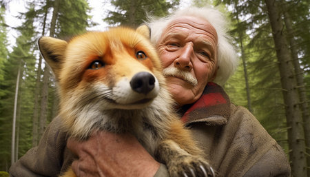 Elderly Man with red fox in his arms taking a selfie with mobile phone. Save foxes. Cute pet, foxes. Furry foxes. Lovely red fox portrait. Lovely animal and people in the forest nature using smartphone technologyの素材