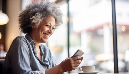 Middle age woman using smartphone and drinking coffee sitting in a cafÃ© . Laughing at her phone. Texting with smartphone in restaurant. Bright light day by the window. Elderly woman with gray hair. social media conceptの素材