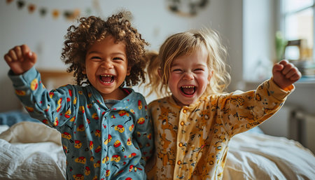 Children's pajama party. Multiracial kids in colorful pajamas having fun at slumber party. Cute friends children playful together happyの素材