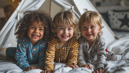 Children's pajama party. Multiracial kids in colorful pajamas having fun at slumber party. Cute friends children playful together happyの素材