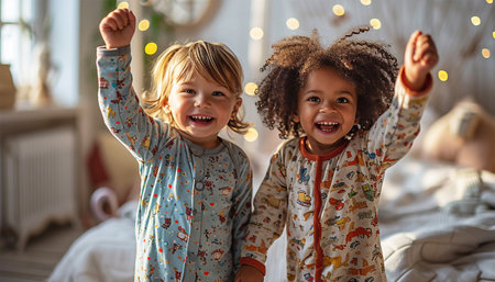 Children's pajama party. Multiracial kids in colorful pajamas having fun at slumber party. Cute friends children playful together happyの素材