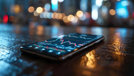 Realistic smartphone mockup. 3d candlestick chart of stock sale and buy. Market investment, online trade on mobile phone. transparent shadow, blur effect. Business application interface design. Close upの素材