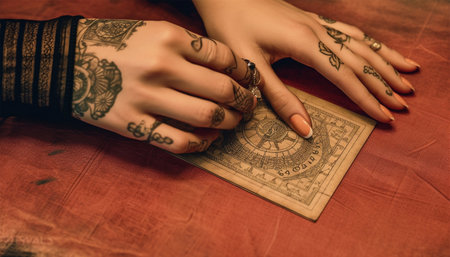Tarot card reading. Fortune teller of hands holding THE SUN card and tarot cards on table near burning candles in candle light. Tarot cards spread on table with crystal ball.Forecasting concept. Hipster woman session mental therapy magicalの素材