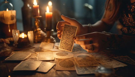 Tarot card reading. Fortune teller of hands holding THE SUN card and tarot cards on table near burning candles in candle light. Tarot cards spread on table with crystal ball.Forecasting concept. Hipster woman session mental therapy magicalの素材