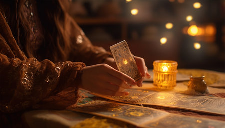 Tarot card reading. Fortune teller of hands holding THE SUN card and tarot cards on table near burning candles in candle light. Tarot cards spread on table with crystal ball.Forecasting concept. Hipster woman session mental therapy magicalの素材
