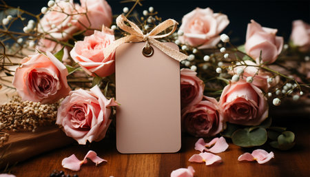 Blank empty tag mock up with romantic flowers. Wedding. Mothers Day. Valentine's Day. Birthday. Happy woman's day theme copy space. Romantic design Space for textの素材