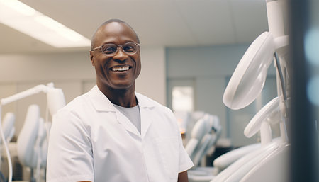 African American Dentist man smiling while standing in dental clinic. Portrait of confident a young dentist working in his consulting room happyの素材