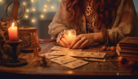 Tarot card reading. Fortune teller of hands holding THE SUN card and tarot cards on table near burning candles in candle light. Tarot cards spread on table with crystal ball.Forecasting concept. Hipster woman session mental therapy magicalの素材