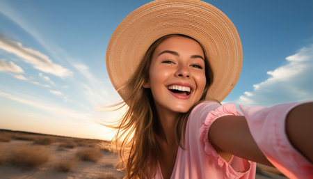 Cute, positive teenager holding a camera,her mobile phone looking straight taking a selfie. Beautiful girl sincerely smiling on the background summer sunlight sky. Social media,smartphone,tiktok video concept summer holiday vloggingの素材