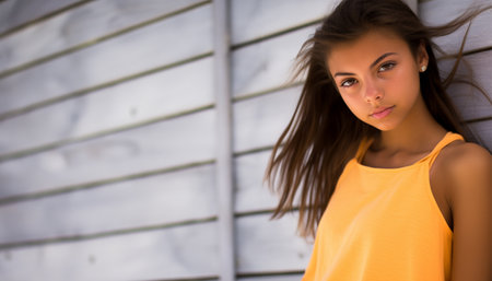 Attractive happy young woman in colorful t-shirt flying hair enjoying her free time at sunset outdoor. Beauty blonde girl portrait at summer. Freedom lifestyle springtime concept. Sun glow on background Holiday cuteの素材
