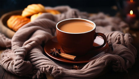 Soft cozy cup of hot tea on natural blanket. Giant, large warm merino wool plaid blanket. Fall or winter time concept. soft knitted drinking tea or other hot drink,coffee copy space Space for textの素材