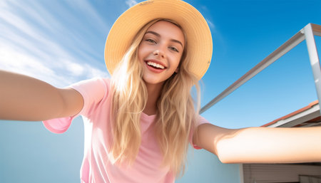Cute, positive teenager holding a camera,her mobile phone looking straight taking a selfie. Beautiful girl sincerely smiling on the background summer sunlight sky. Social media,smartphone,tiktok video concept summer holiday vloggingの素材