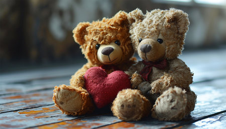 Two Teddy bears is sitting on wooden background holding a romantic Valentine heart, Small teddy bear holding red heart, white background. Romantic and cute toy. Valentine's Day Isolatedの素材