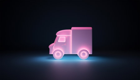 Trucks in neon light against dark background. 3D animation. Round-the-clock transportation of goods in containers. Automotive logistics or Cargo transportation concept with copy space Space for textの素材