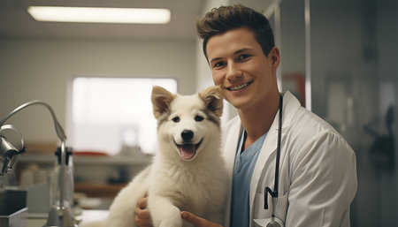 Male Veterinarian holding a cute puppy in an animal health center. Veterinarian business background. Close up view on adorable scared puppy. Veterinarian vaccinates cute dog in cute dog clinic the doctor's office, a professional veterinarian helps her dog in a modern hospital. The concept of the fat portraitの素材