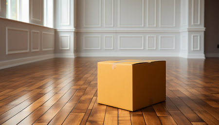 Unfurnished room with belongings in cardboard boxes for relocation to new apartment concept. Moving to new house interior with carton parcels and large balcony in city with multistory buildings. emptyの素材