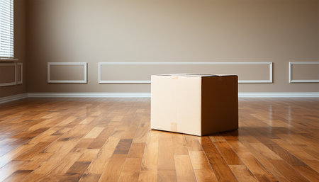 Unfurnished room with belongings in cardboard boxes for relocation to new apartment concept. Moving to new house interior with carton parcels and large balcony in city with multistory buildings. emptyの素材