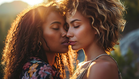 Two young lesbian woman from different ethnicities Mixed race lesbian love concept. Two young positive girls of different ethnics kissing in love. Romantic proud queer concept beautyの素材