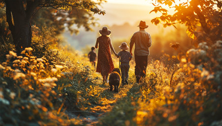 Happy family walking with Labrador dog in beautiful summer spring landscape. Sunset, camping, travel, hiking. Healthy active people. Father,mother and children having fun natureの素材