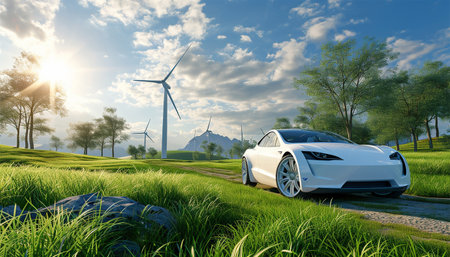 Electric car drive on the wind turbines background. Car drives along green landscape. Electric car driving along windmills farm. Alternative energy for cars. Car and wind turbine farm. 3d rendering environmentの素材