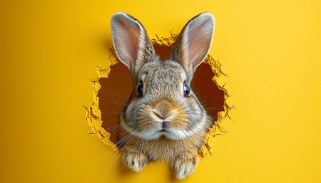 Cartoon cute bunny looking out of a cut hole bright yellow background. illustration. Spring holiday and Easter background. Copy space Happy Easter funnyの素材