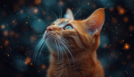 A cute cat looking outside at the starry colorful sky. Cute kitten magical sparkles. Starry glow lights in nature Magical landscape fairytale beauty Copy spaceの素材