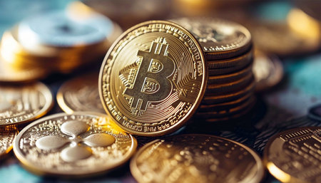 Bitcoin and cryptocurrency investing concept with graph. Bitcoin cryptocurrency coins. Trading on the cryptocurrency exchange. Trends in bitcoin exchange rates. Rise and fall chart of bitcoin. Digital technology design Copy spaceの素材