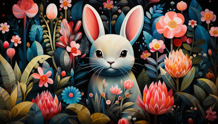 Happy Easter. Easter rabbit with spring flowers and leaves wreath watercolor. Cute vintage bunny isolated on black background. illustration. Spring flowers and Happy Easter Holiday background flat layの素材
