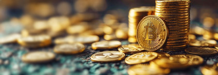 Bitcoin and cryptocurrency investing concept with graph. Bitcoin cryptocurrency coins. Trading on the cryptocurrency exchange. Trends in bitcoin exchange rates. Rise and fall chart of bitcoin. Digital technology design Copy spaceの素材
